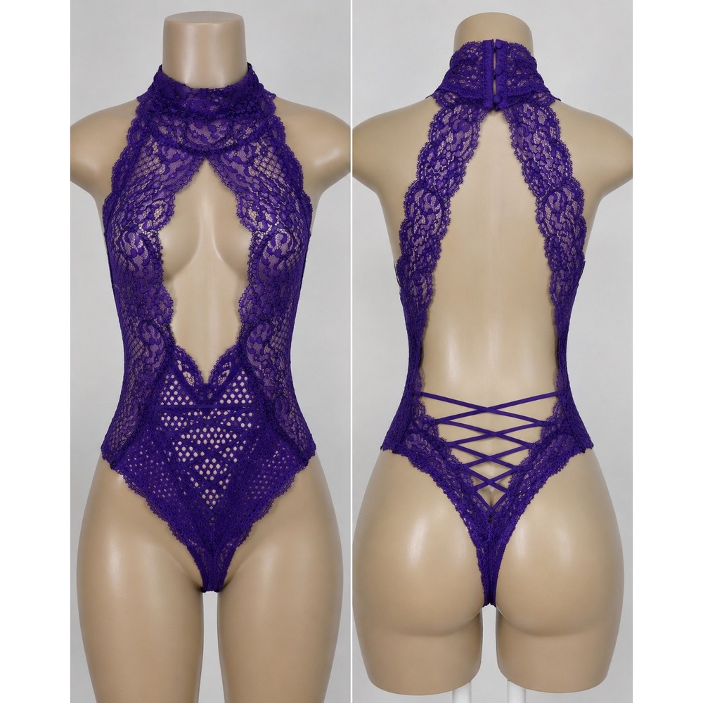 Victoria's Secret Purple Floral Lace High Neck Teddy Bodysuit XS 335127-9F2